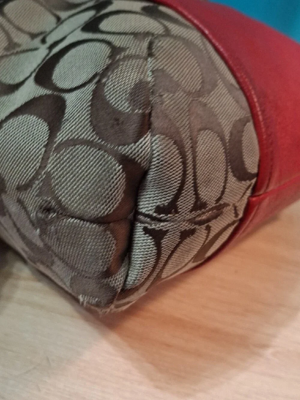 Coach Park Signature Canvas Shoulder Bag in Tan with Red Trim F30341